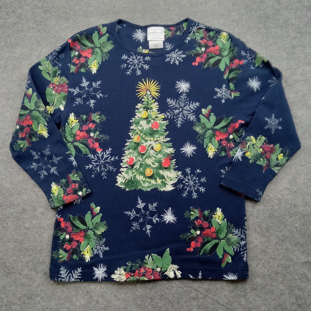 Morning Sun Shirt Womens Small Blue Christmas Tree Snowflake‎ Holiday Top